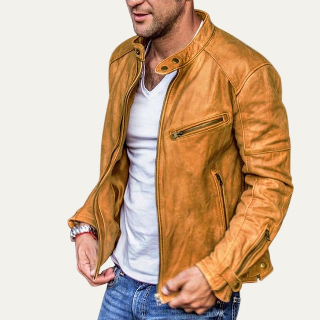 Mens Moto Jacket Faux Leather Stand Collar Vintage Style