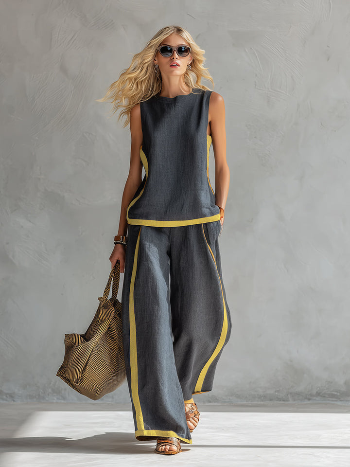 Womens Sleeveless Pants Set with Contrast Trim Wide Leg - BritishMode