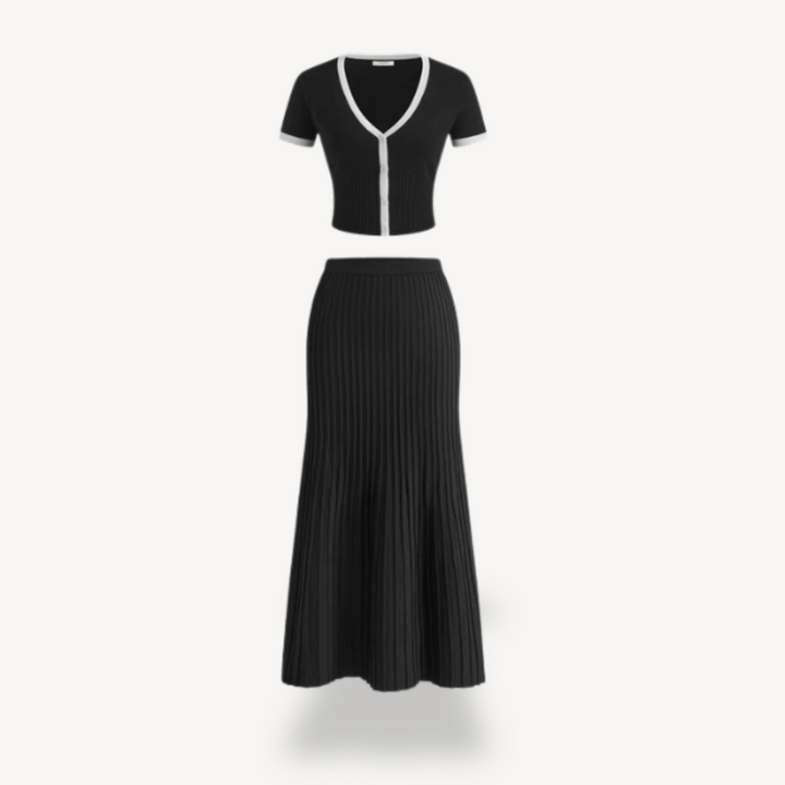 Womens Maxi Skirt Pleated with Short Sleeve Top Set