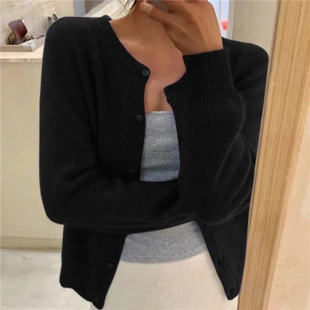 Womens Knit Cardigan Soft Fabric Round Neck Long Sleeve