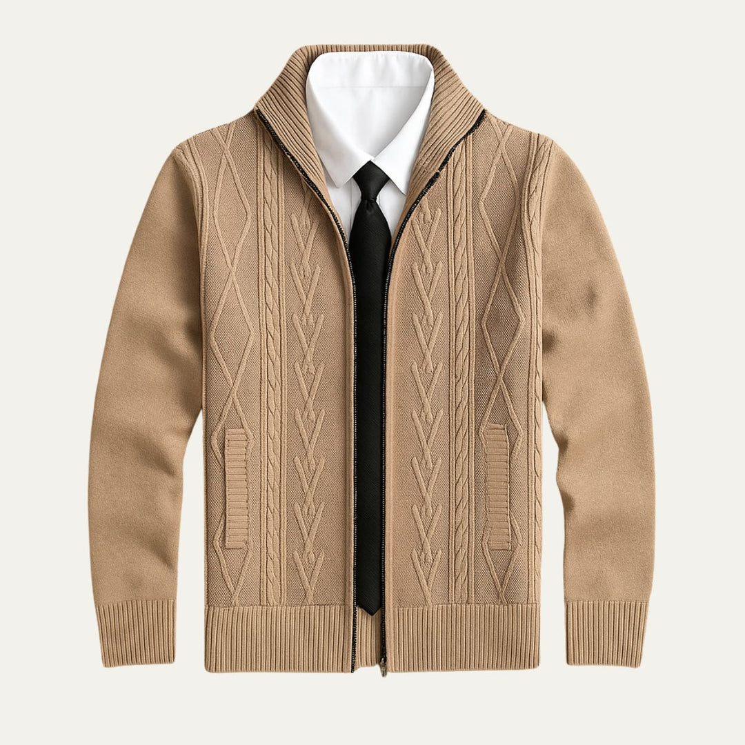 Mens Knit Cardigan Full Zip Cable and Diamond Pattern