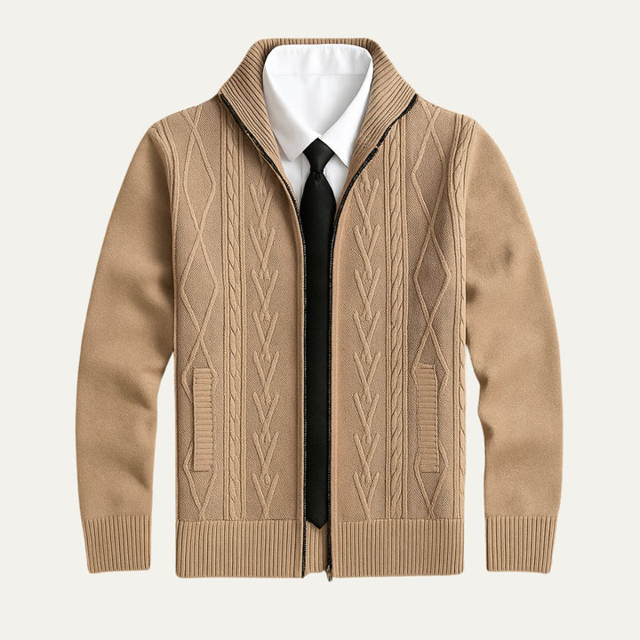 Mens Knit Cardigan Full Zip Cable and Diamond Pattern