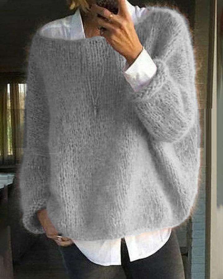 Womens Crew Neck Batwing Sleeve Mohair-Feel Knit Sweater