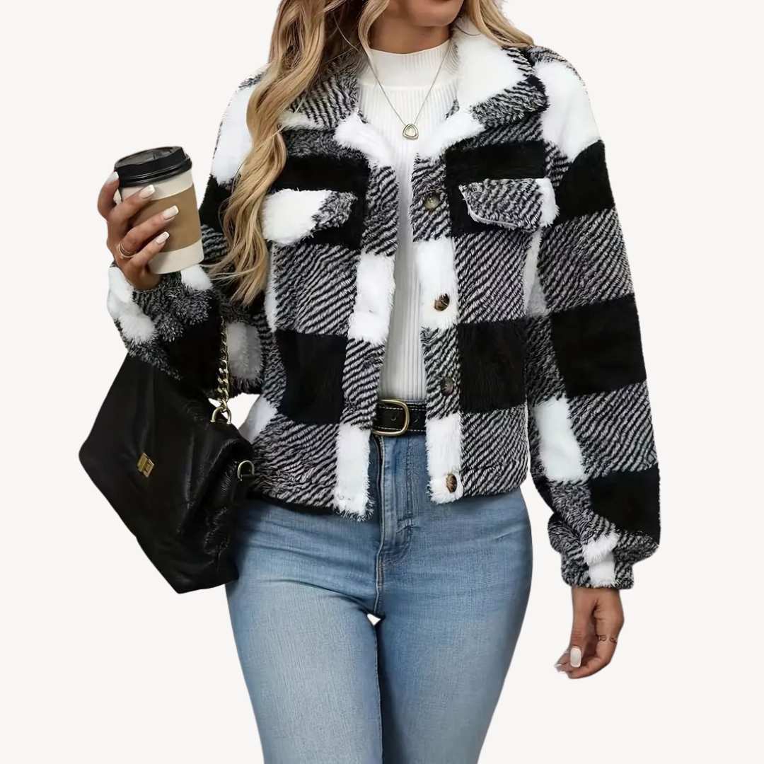 Womens Sherpa Jacket Plaid Pattern Relaxed Fit