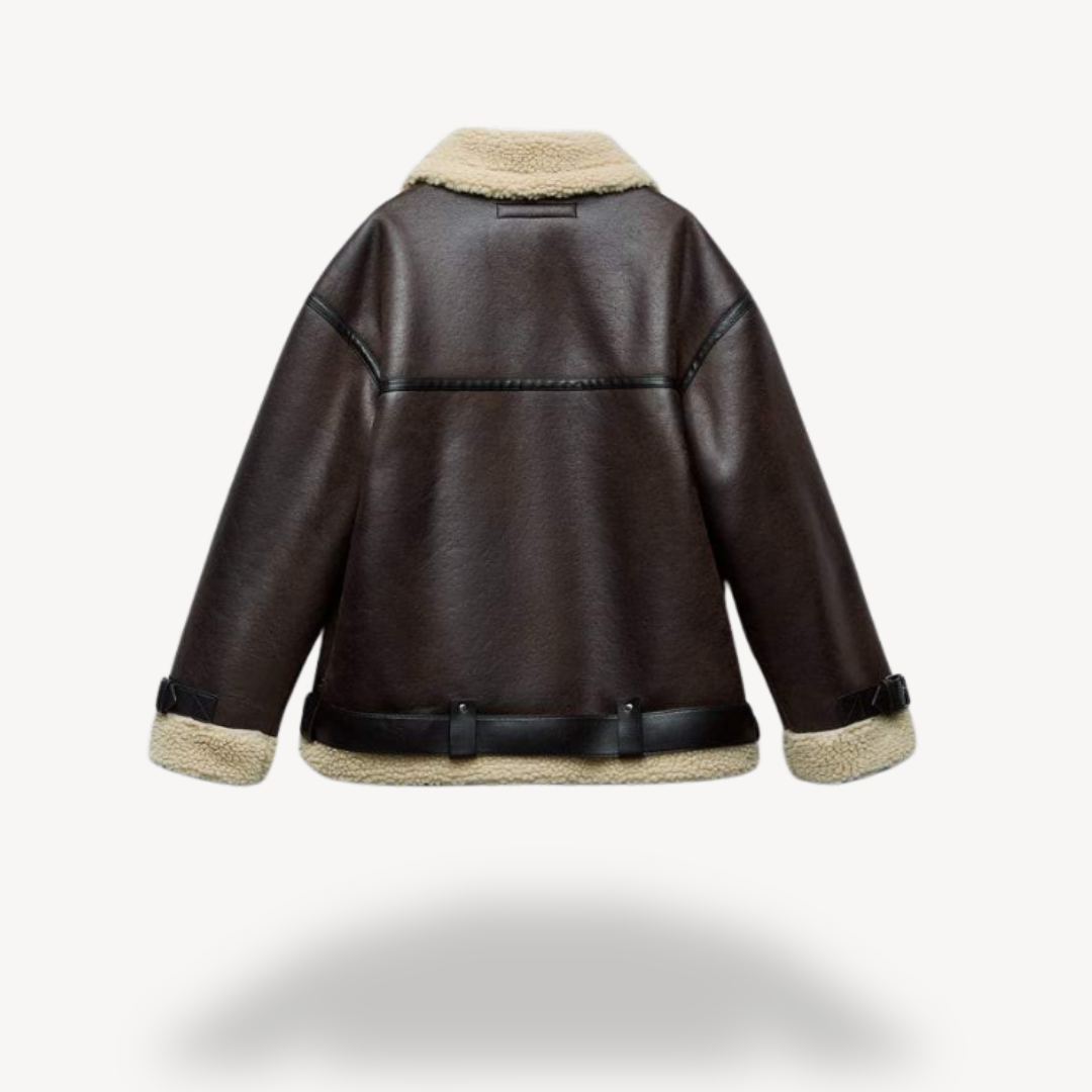 Womens Shearling Biker Jacket Faux Leather Slim Fit