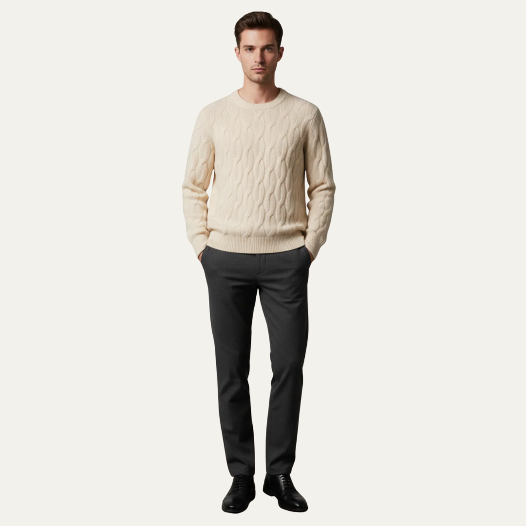Mens Cable Knit Sweater Round Neck Classic Fit
