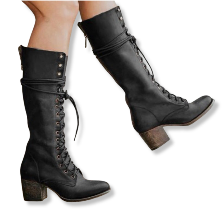 Womens Knee Boots Lace-Up Block Heel Fold-Over Cuff - BritishMode