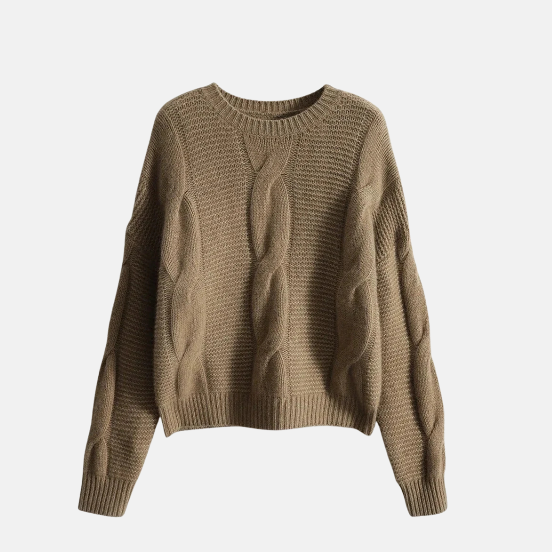 Womens Wool Blend Sweatshirt Cable Knit Ribbed Trim Relaxed Fit