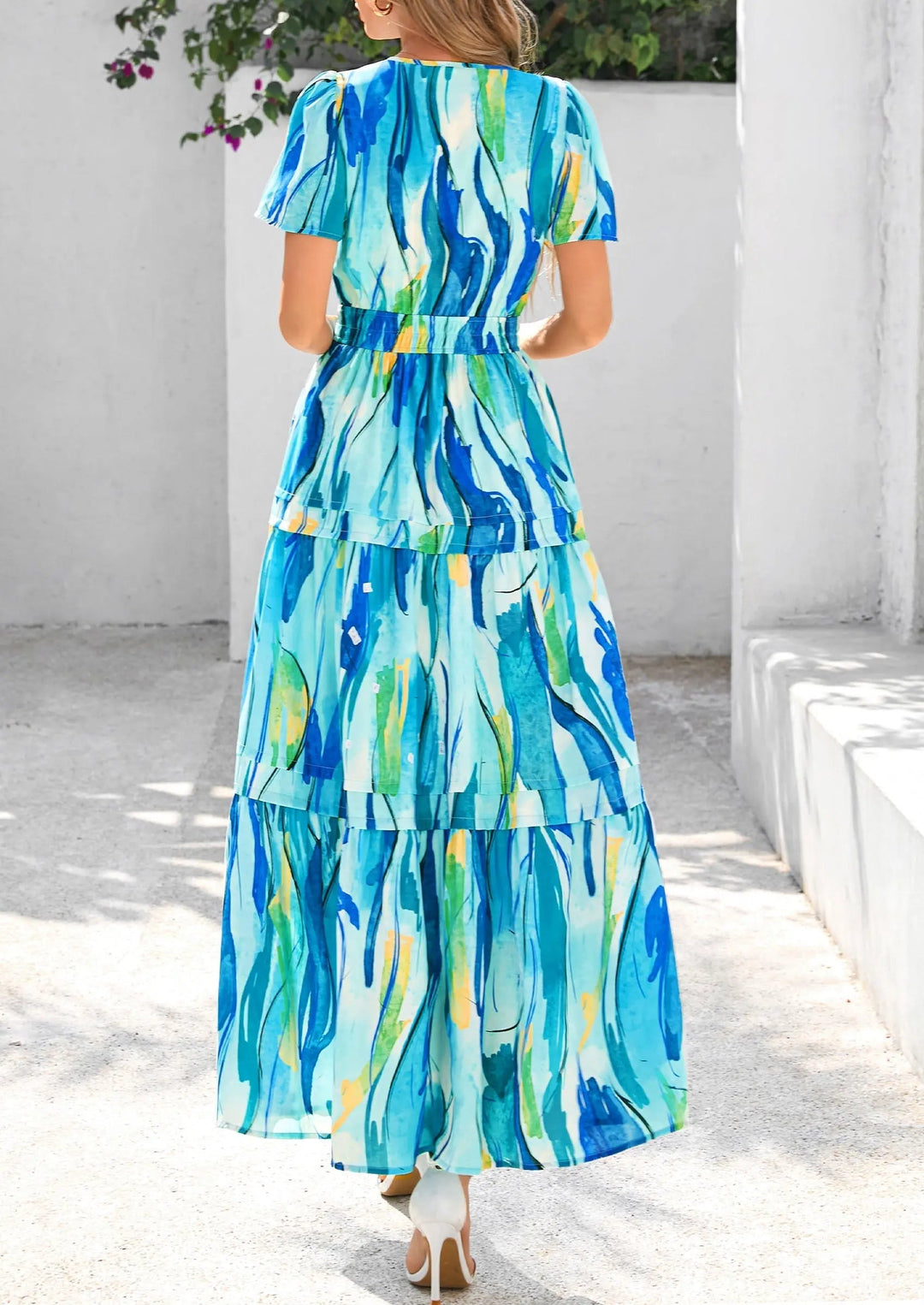 Womens Maxi Dress Floral Boho V-Neck Short Sleeve Flowy A-Line