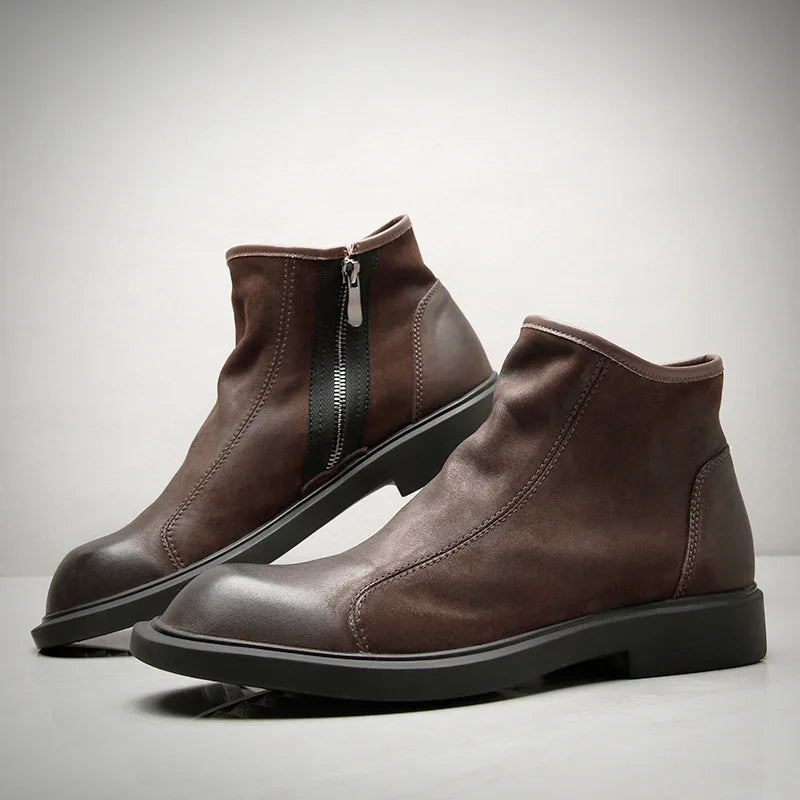 Mens Leather Ankle Boots Plush Lining Zip-Up