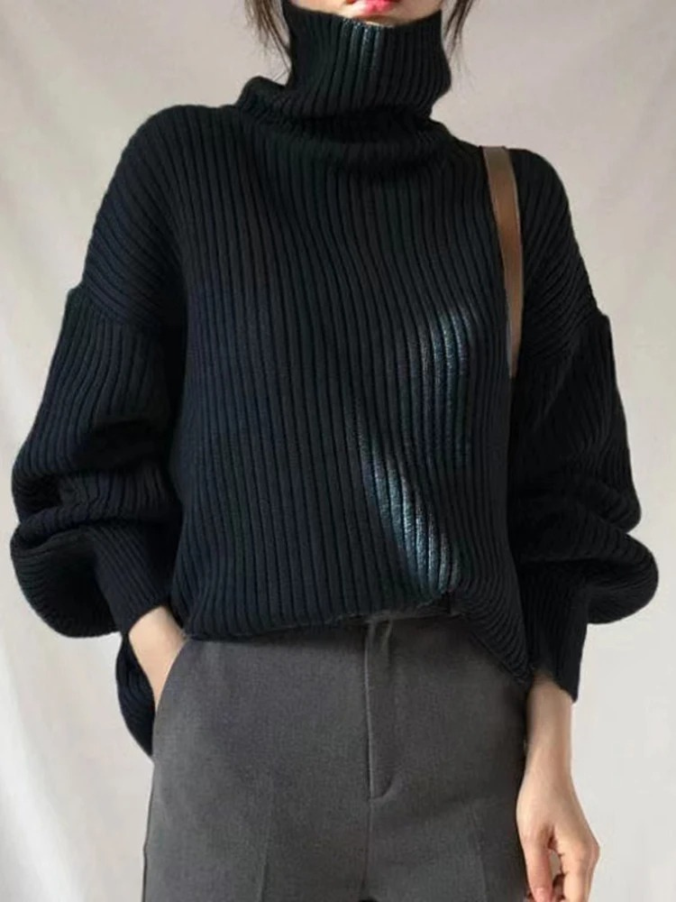 Womens Chunky Knit Sweater with Turtleneck Warm