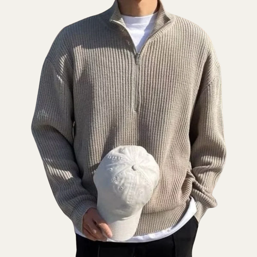 Mens Rib Knit Sweater Oversized Quarter Zip
