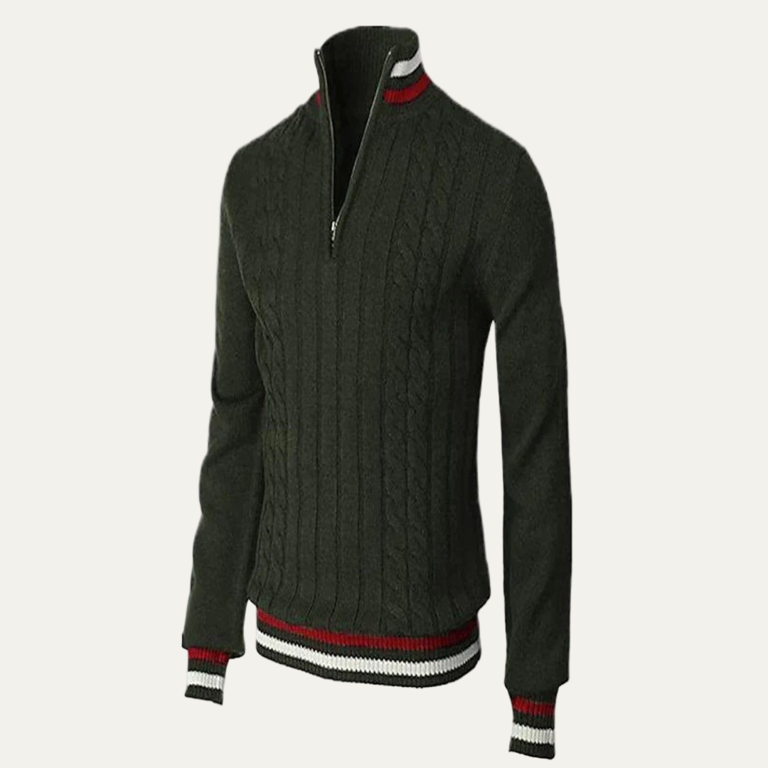 Mens Cable Knit Sweater Mock Neck Zip Front