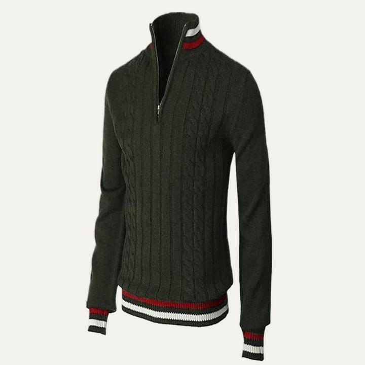 Mens Cable Knit Sweater Mock Neck Zip Front