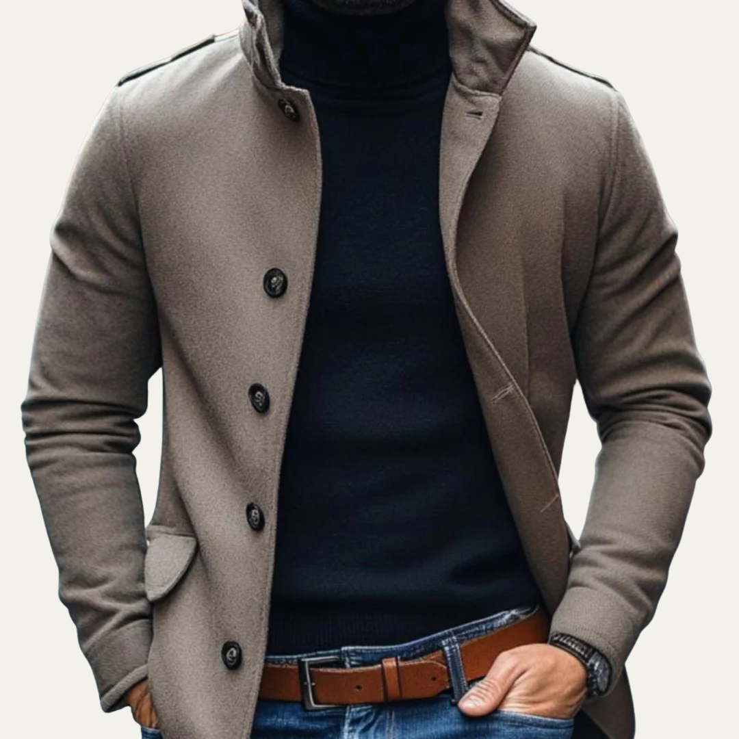Mens Wool Coat Stand Collar Single Breasted