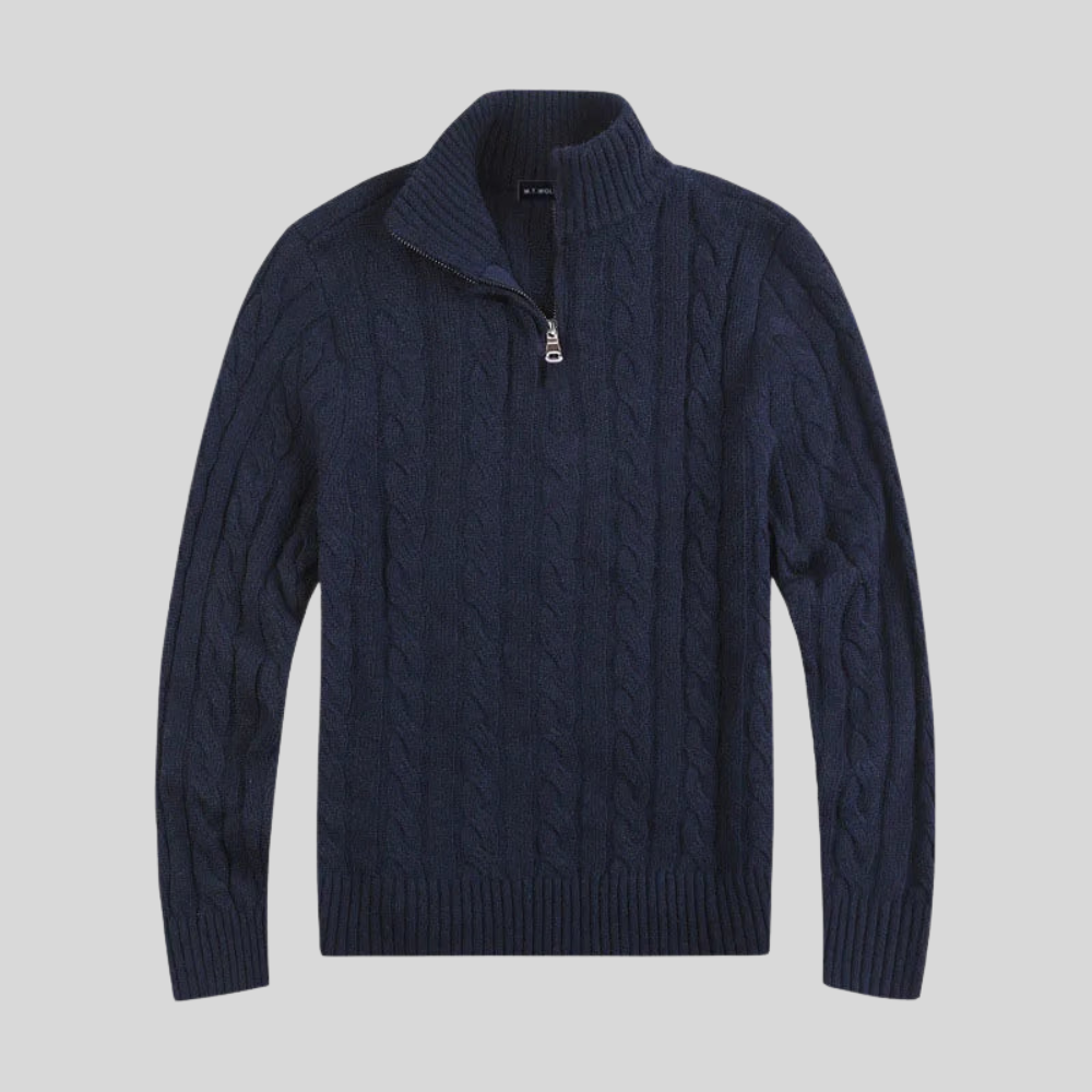 Mens Cable Knit Sweater Mock Neck Quarter Zip