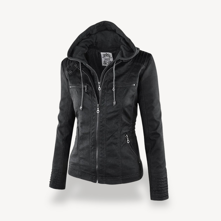 Womens Leather Hooded Jacket Waterproof