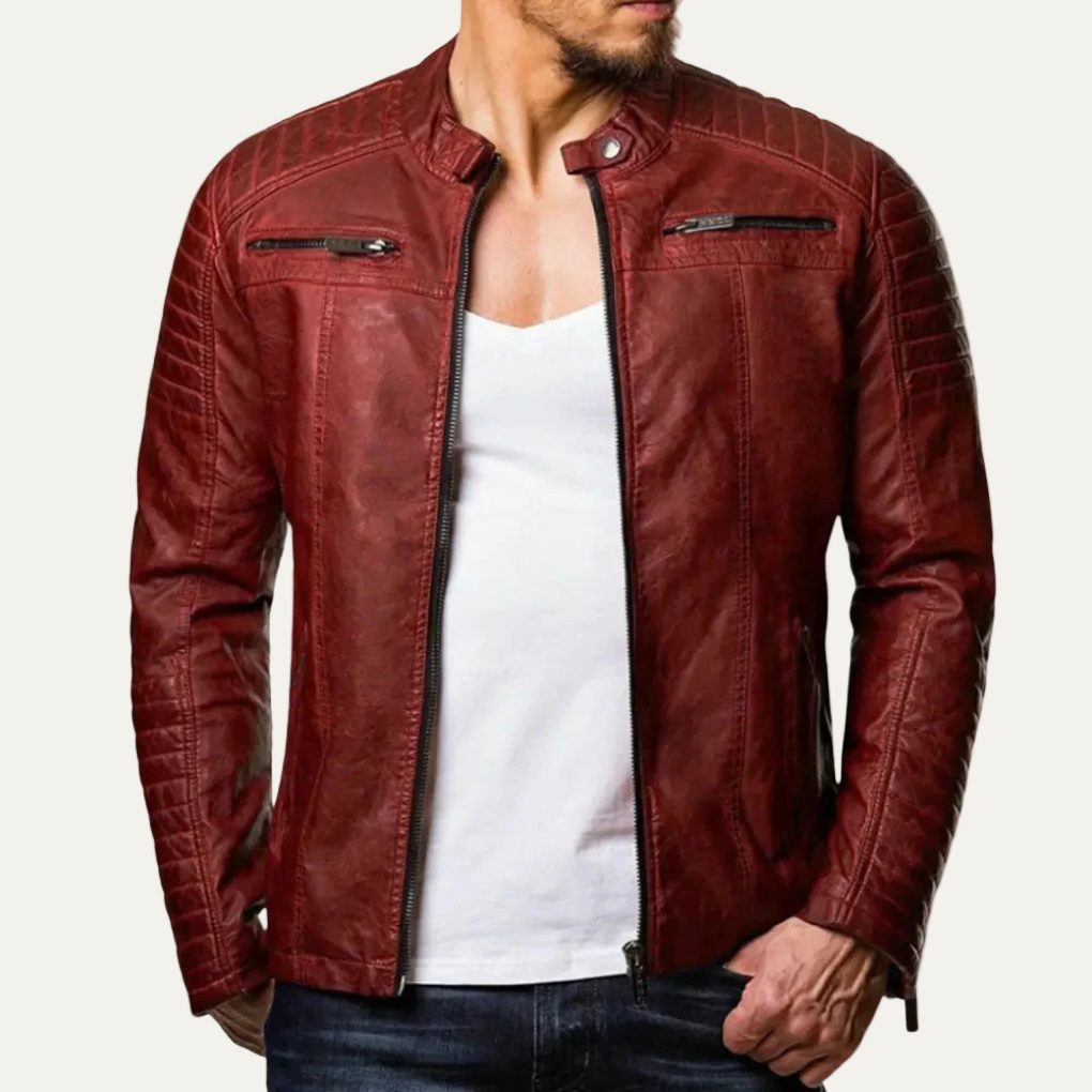 Mens Biker Jacket Faux Leather Stand Collar