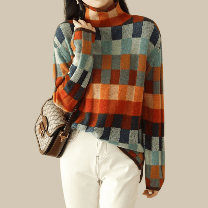 Womens Cashmere Turtleneck Sweater Patchwork Design - BritishMode