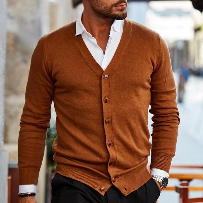 Mens Button-Front Sweater Classic Fit Cotton Blend