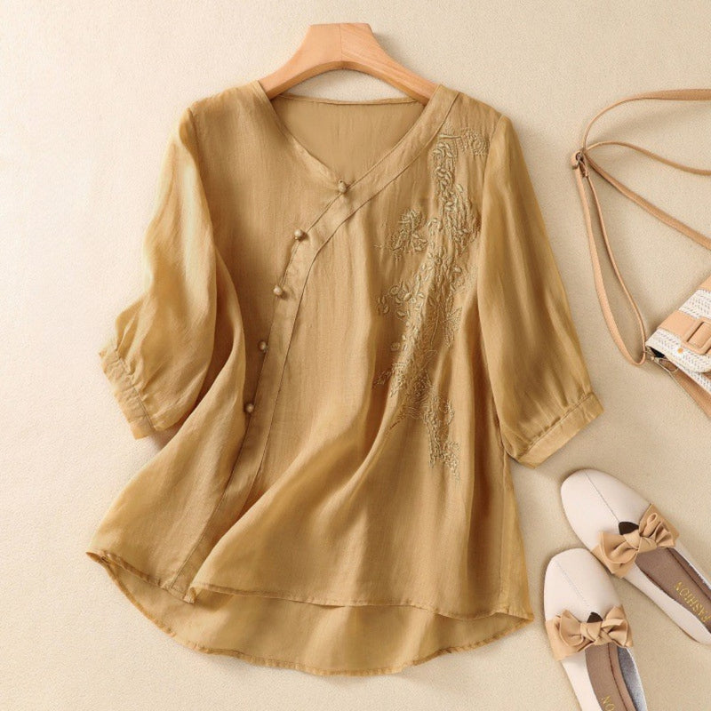 Womens Tunic Top Off-Center Button Relaxed Fit