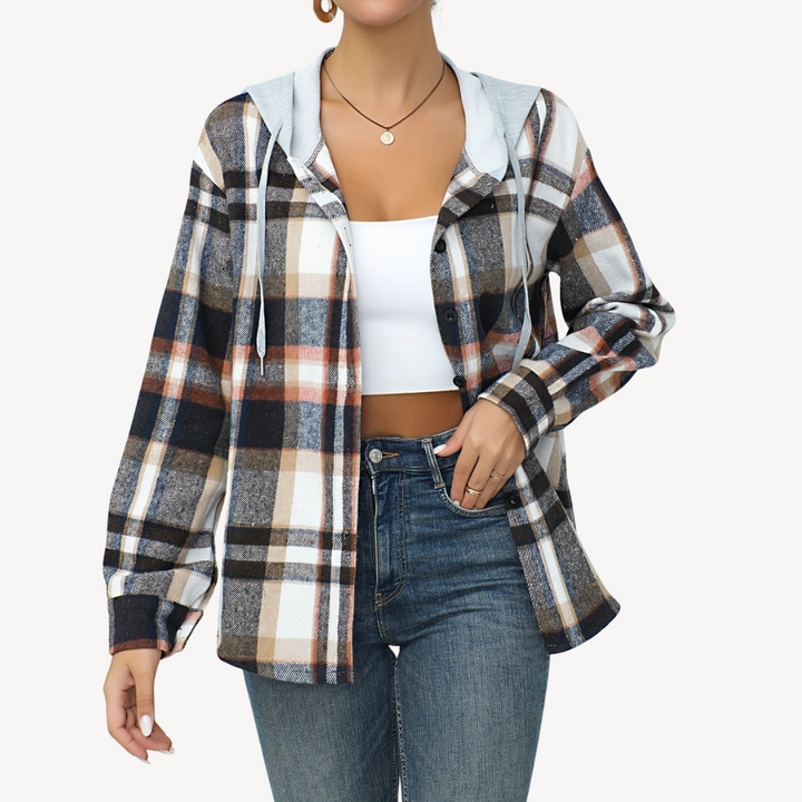 Womens Button-Down Shaket with Hoodie Plaid Pattern