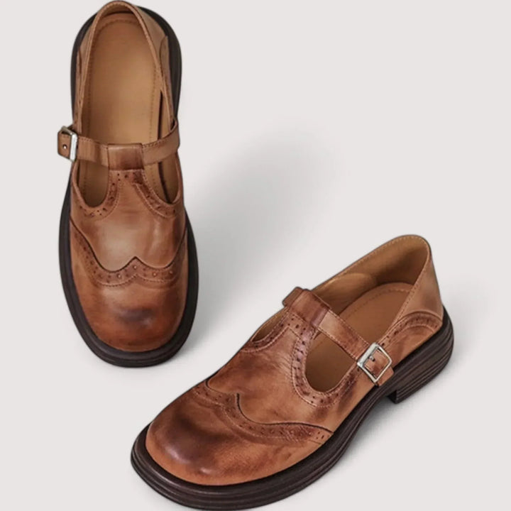 Womens Mary Jane Flat Shoes Brogue T-Bar Buckle Style