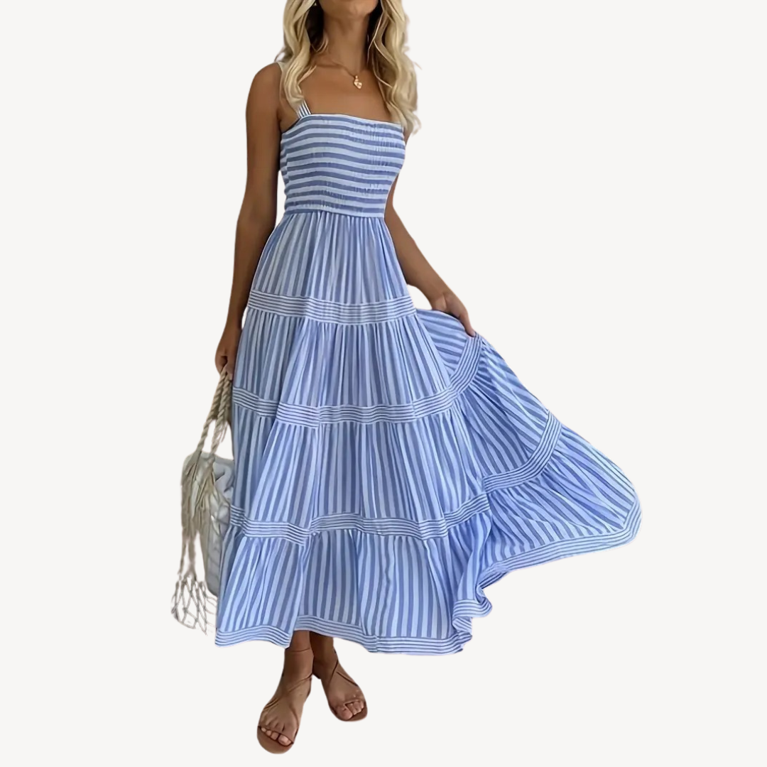 Womens Tiered Midi Dress Striped Pattern - BritishMode