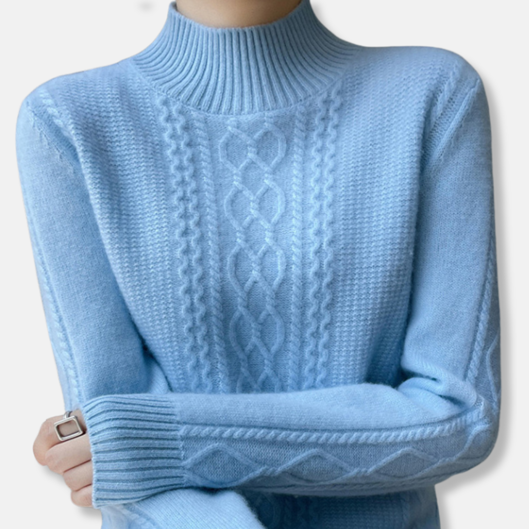 Womens Sweatshirt Wool Blend Cable Knit Relaxed Fit Ribbed Mock Neck