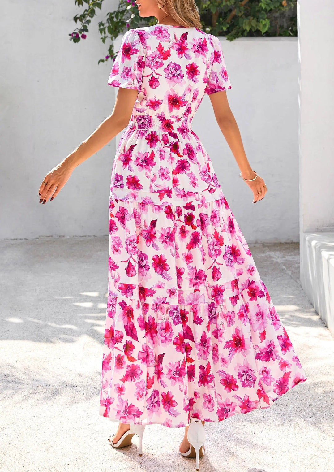 Womens Maxi Dress Floral Boho V-Neck Short Sleeve Flowy A-Line