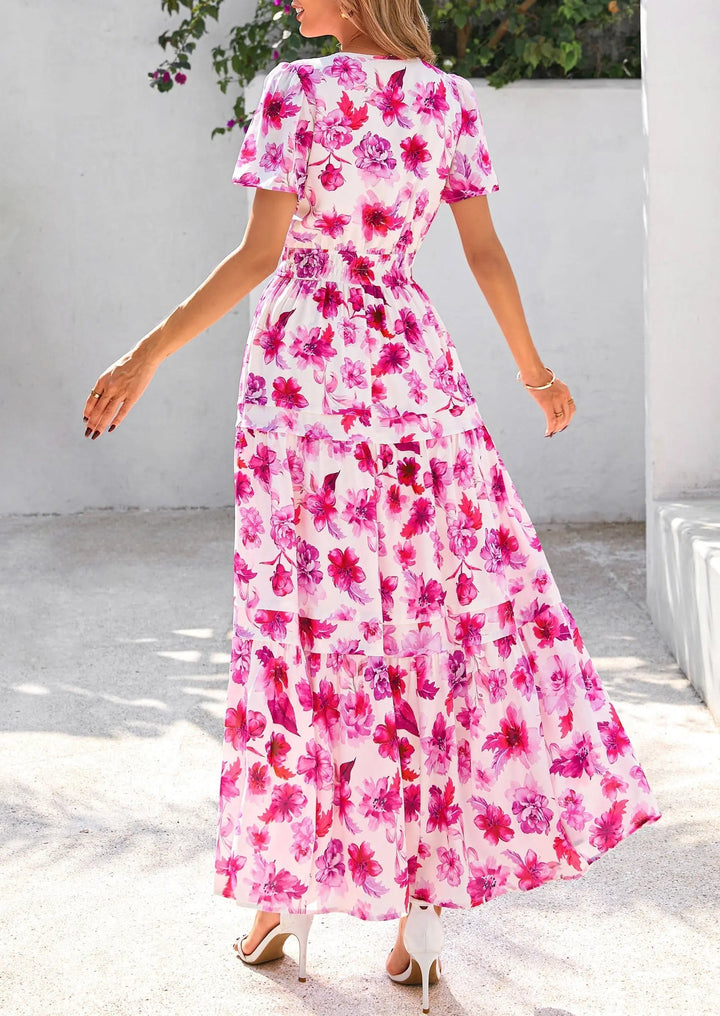 Womens Maxi Dress Floral Boho V-Neck Short Sleeve Flowy A-Line