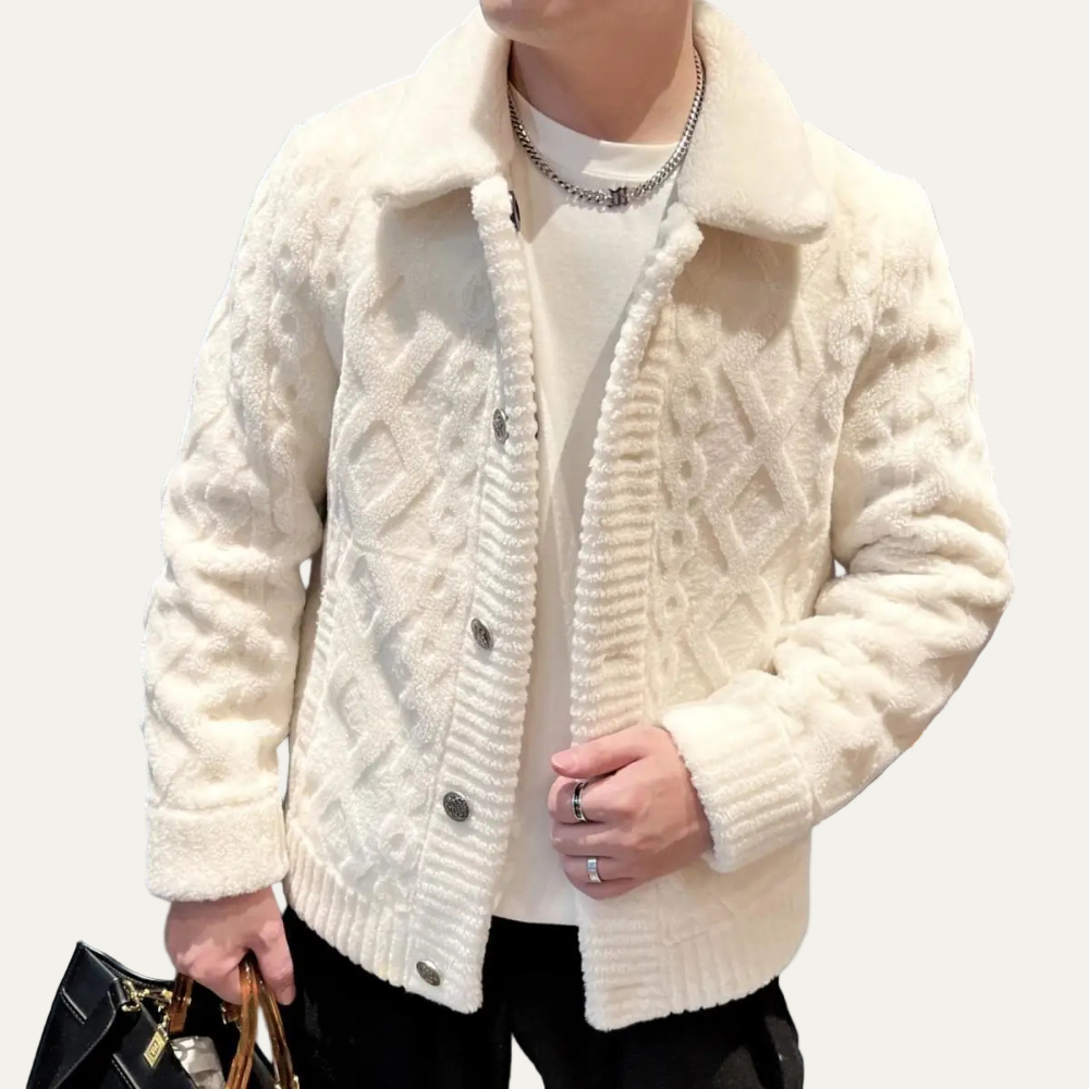 Mens Cable Knit Jacket Plush Material Relaxed Fit - BritishMode