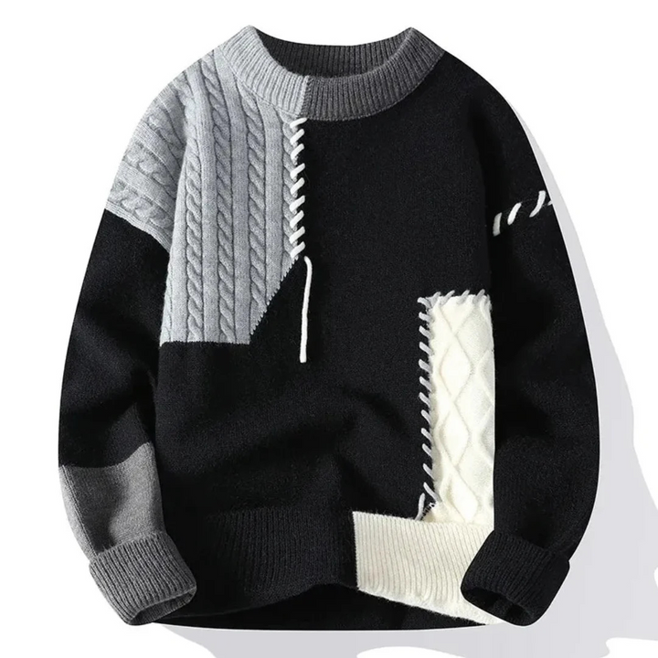 Mens Crew Neck Sweater Patchwork Contrast Panels