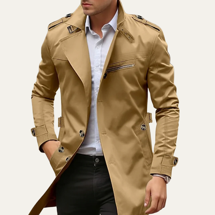 Mens Trench Coat Long Single-Breasted Classic Fit