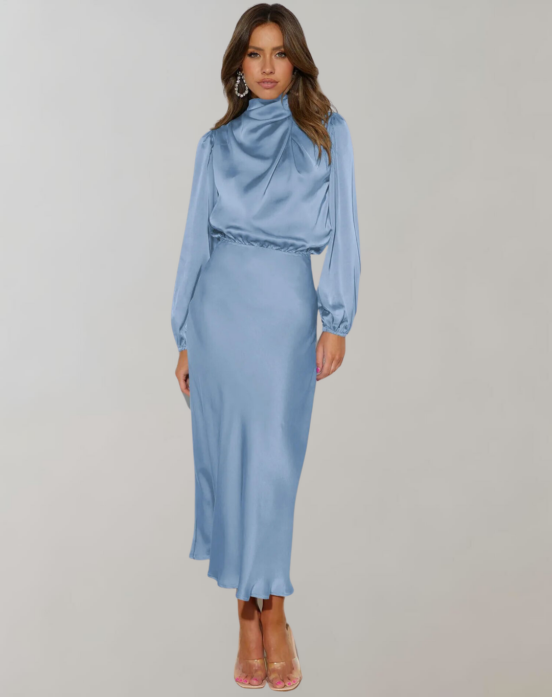 Womens Satin Bodycon Midi Dress Long Sleeve