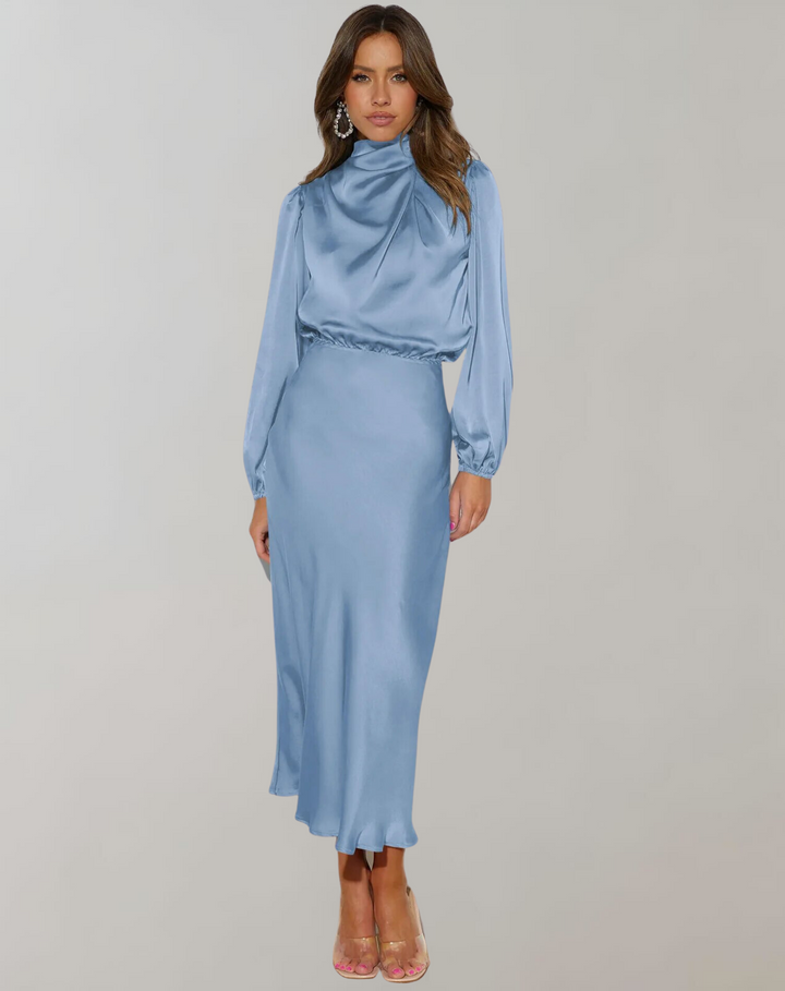 Womens Satin Bodycon Midi Dress Long Sleeve