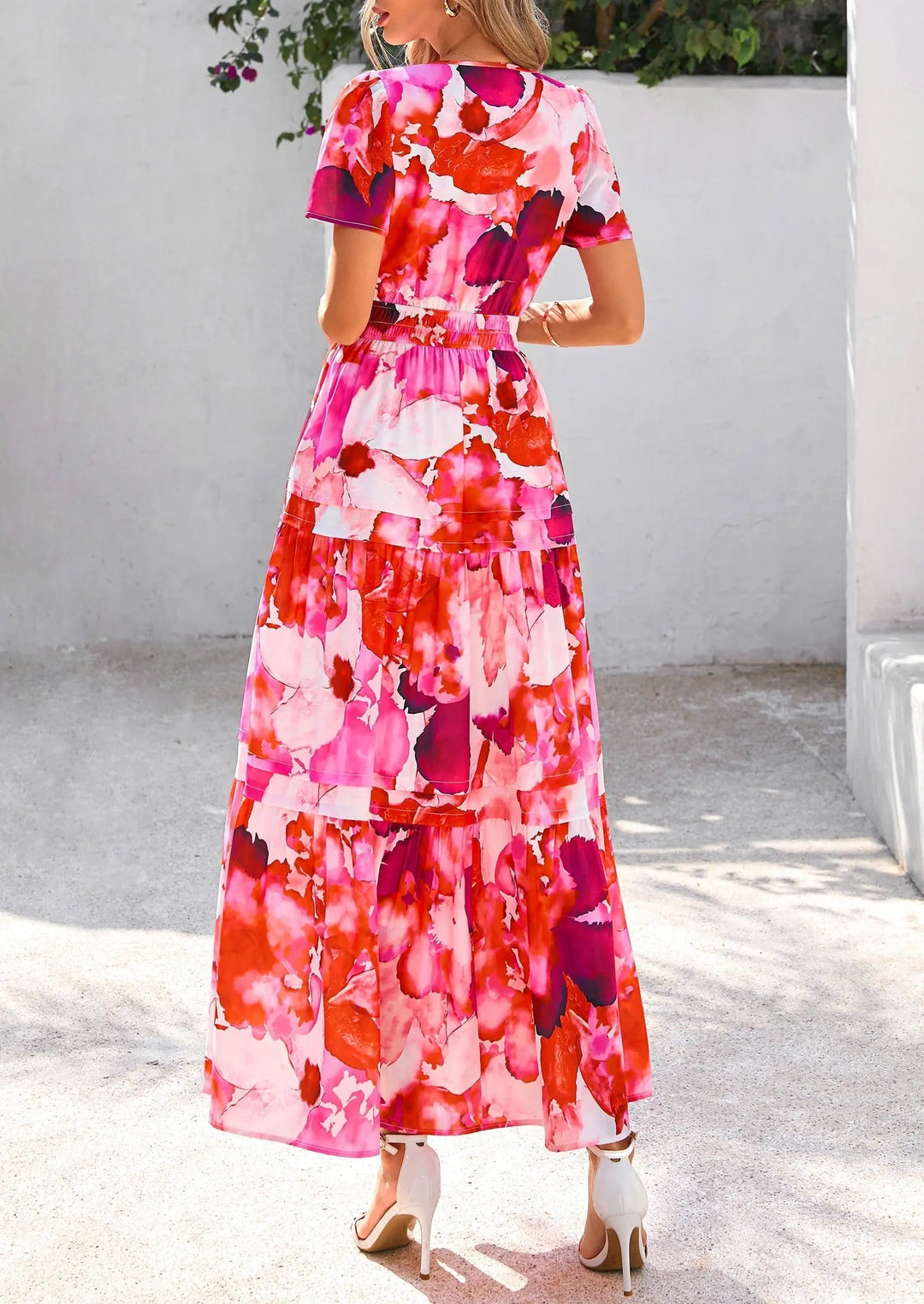Womens Maxi Dress Floral Boho V-Neck Short Sleeve Flowy A-Line