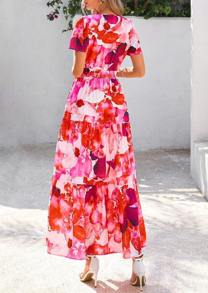 Womens Maxi Dress Floral Boho V-Neck Short Sleeve Flowy A-Line