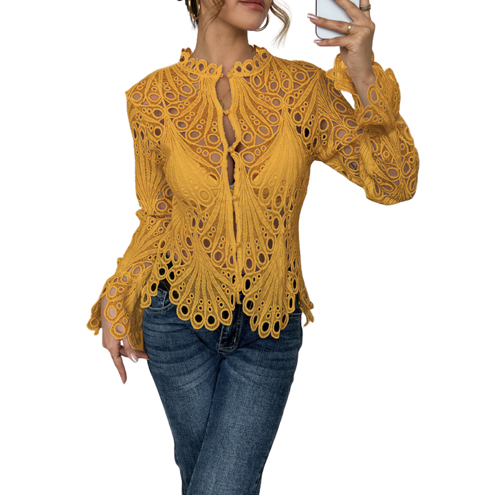 Womens Lace Blouse with Cutwork Long Sleeve Hollow Out