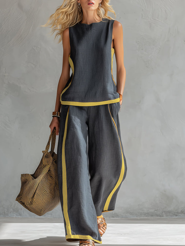 Womens Sleeveless Pants Set with Contrast Trim Wide Leg