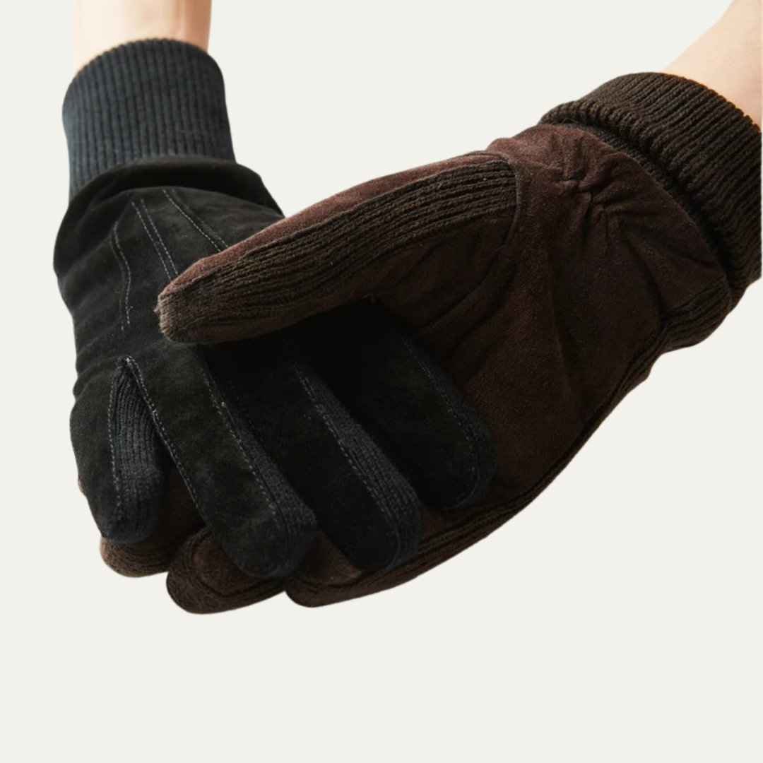 Mens Suede Gloves with Fleece Lining and Knit Cuffs