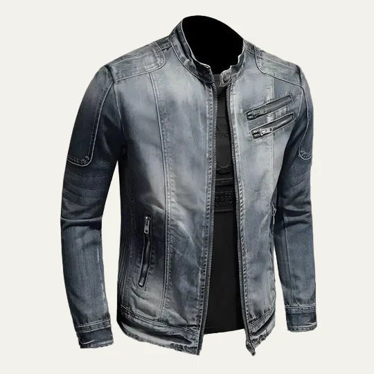 Mens Denim Biker Jacket Distressed Slim Fit - BritishMode
