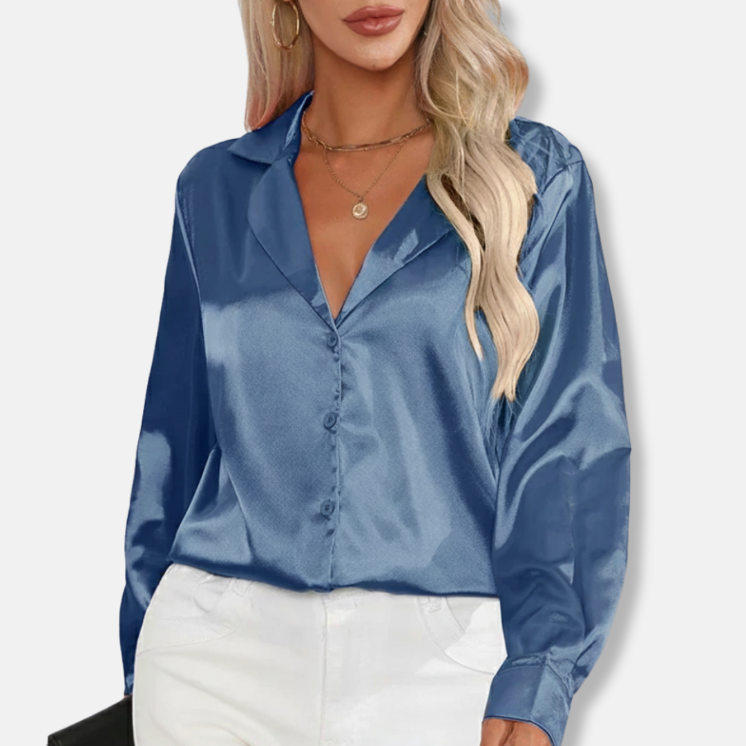Womens Satin Button-Down Blouse Relaxed Fit Collared