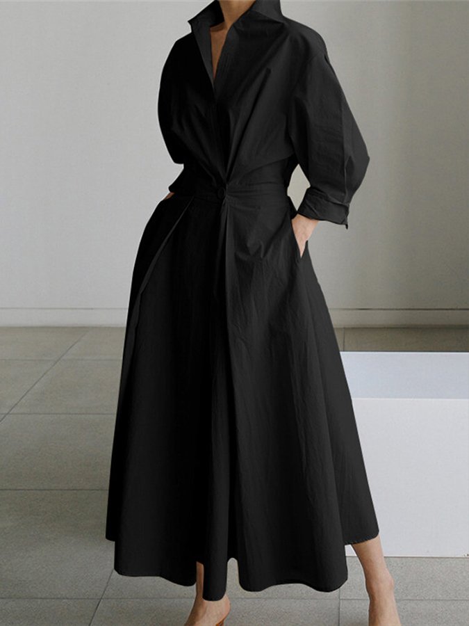 Womens Casual Midi Dress with Buttons Elegant Fit