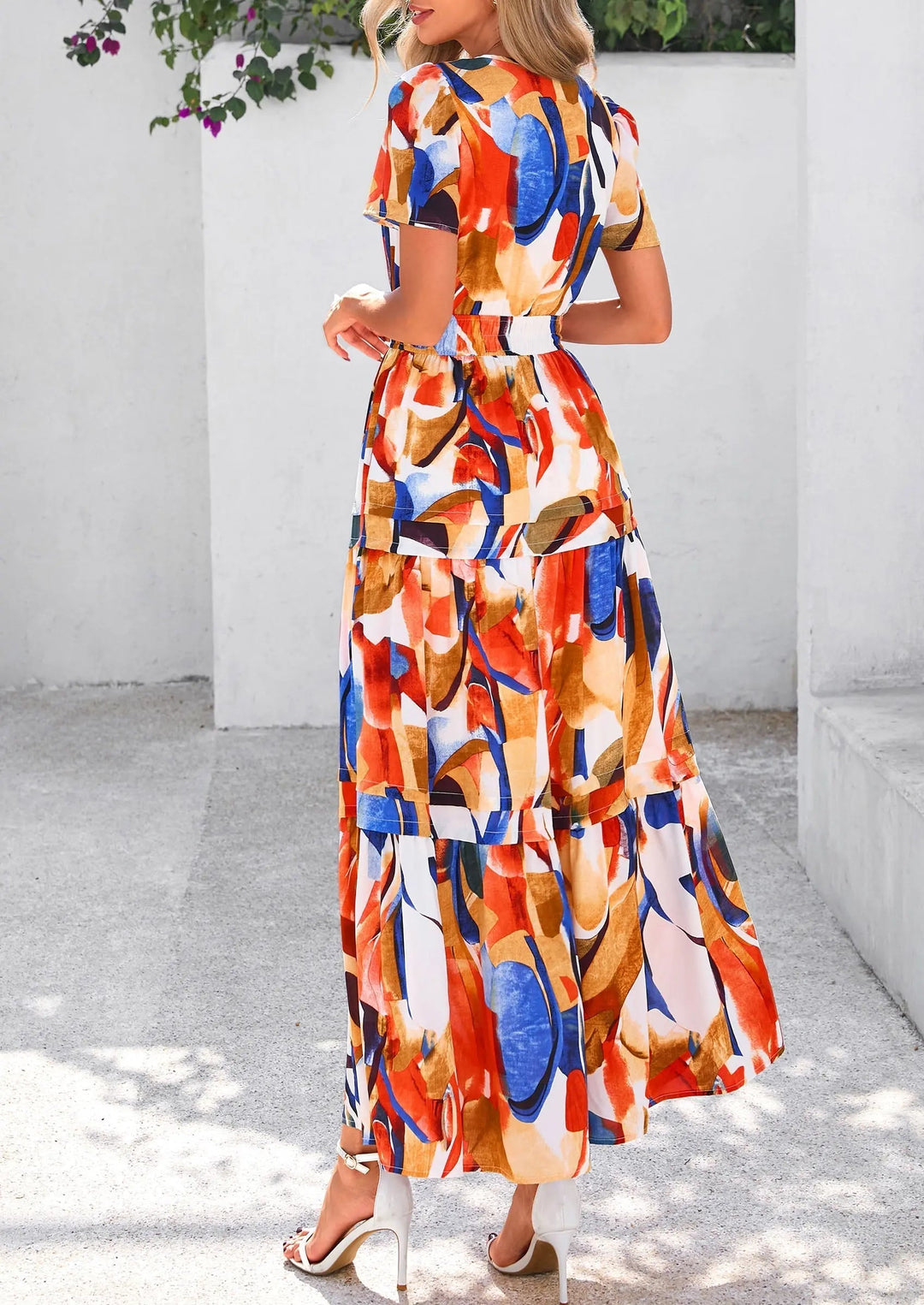 Womens Maxi Dress Floral Boho V-Neck Short Sleeve Flowy A-Line