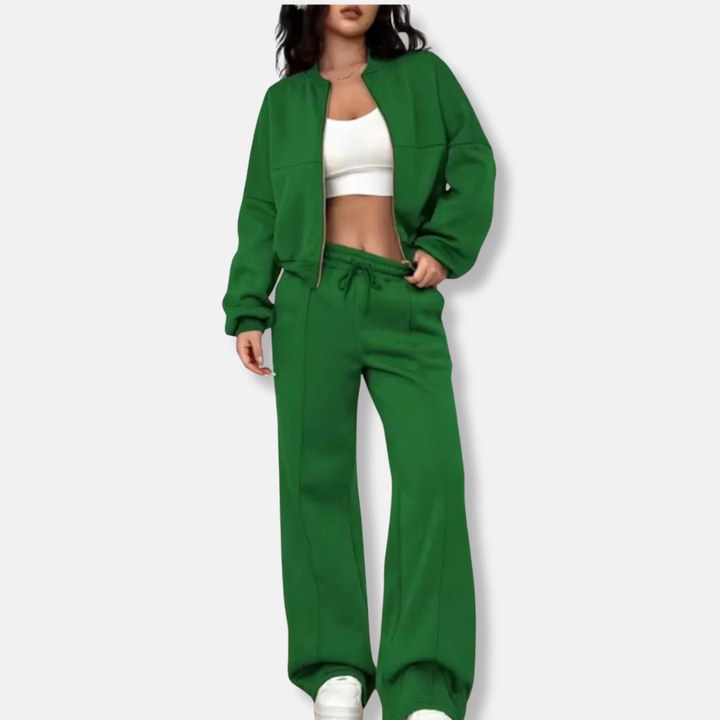 Womens Two-Piece Set Bomber Jacket Cropped Wide Leg Trousers