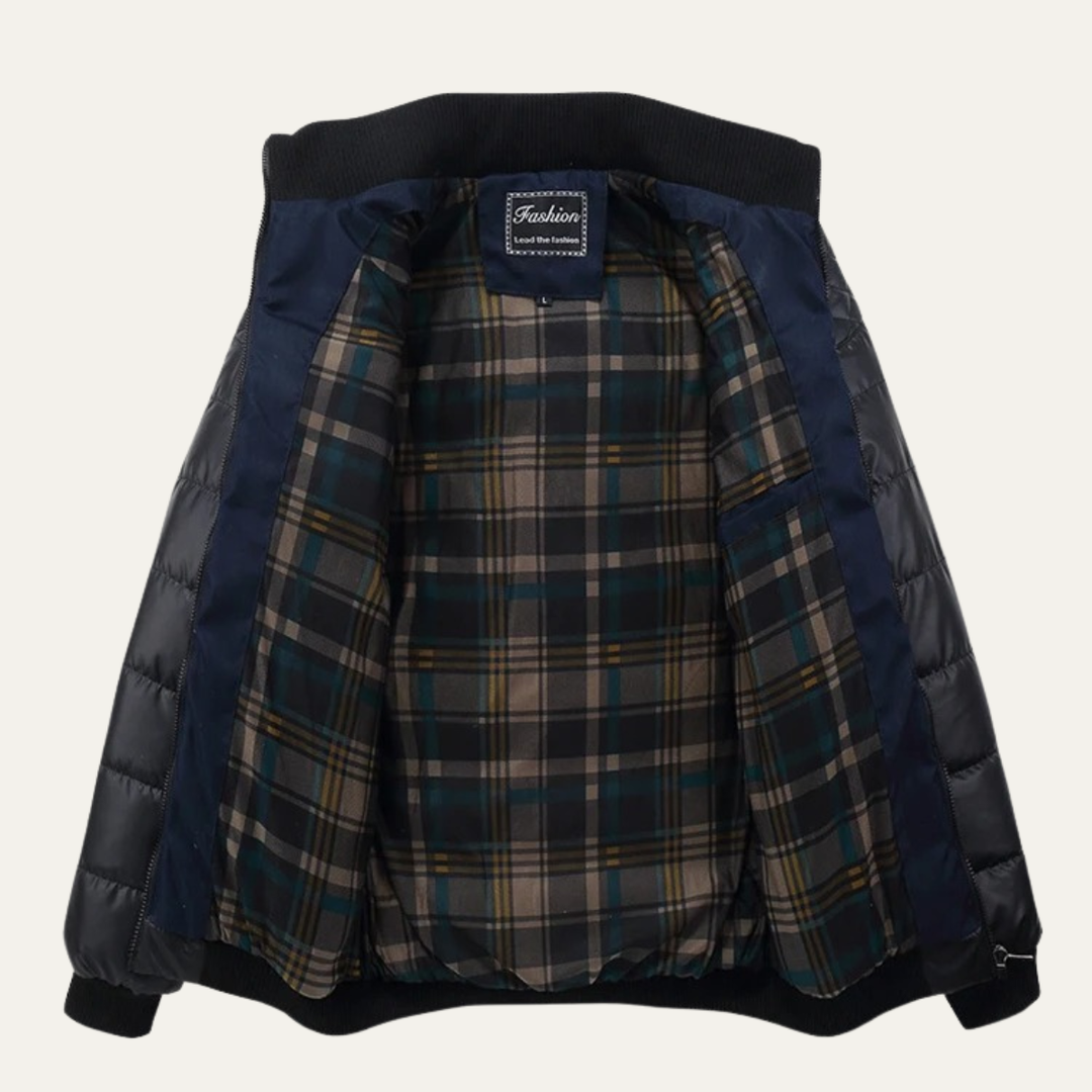 Mens Quilted Leather Jacket with Padded Stand Collar