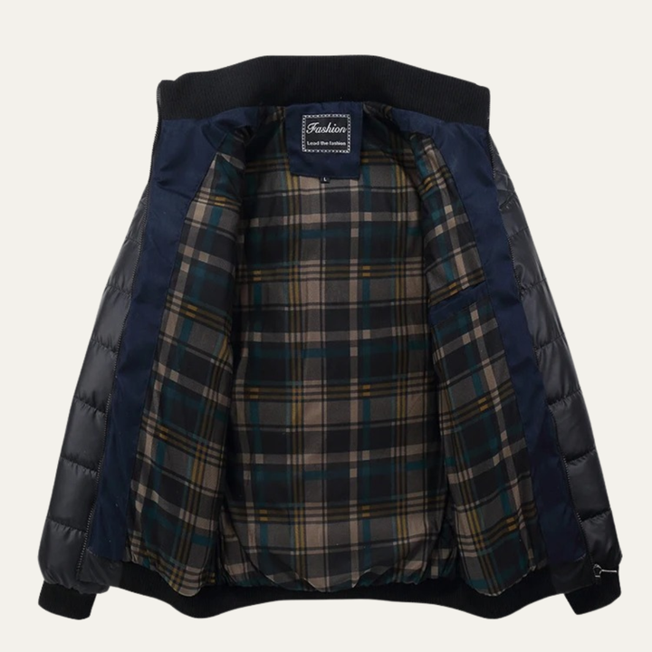 Mens Quilted Leather Jacket with Padded Stand Collar