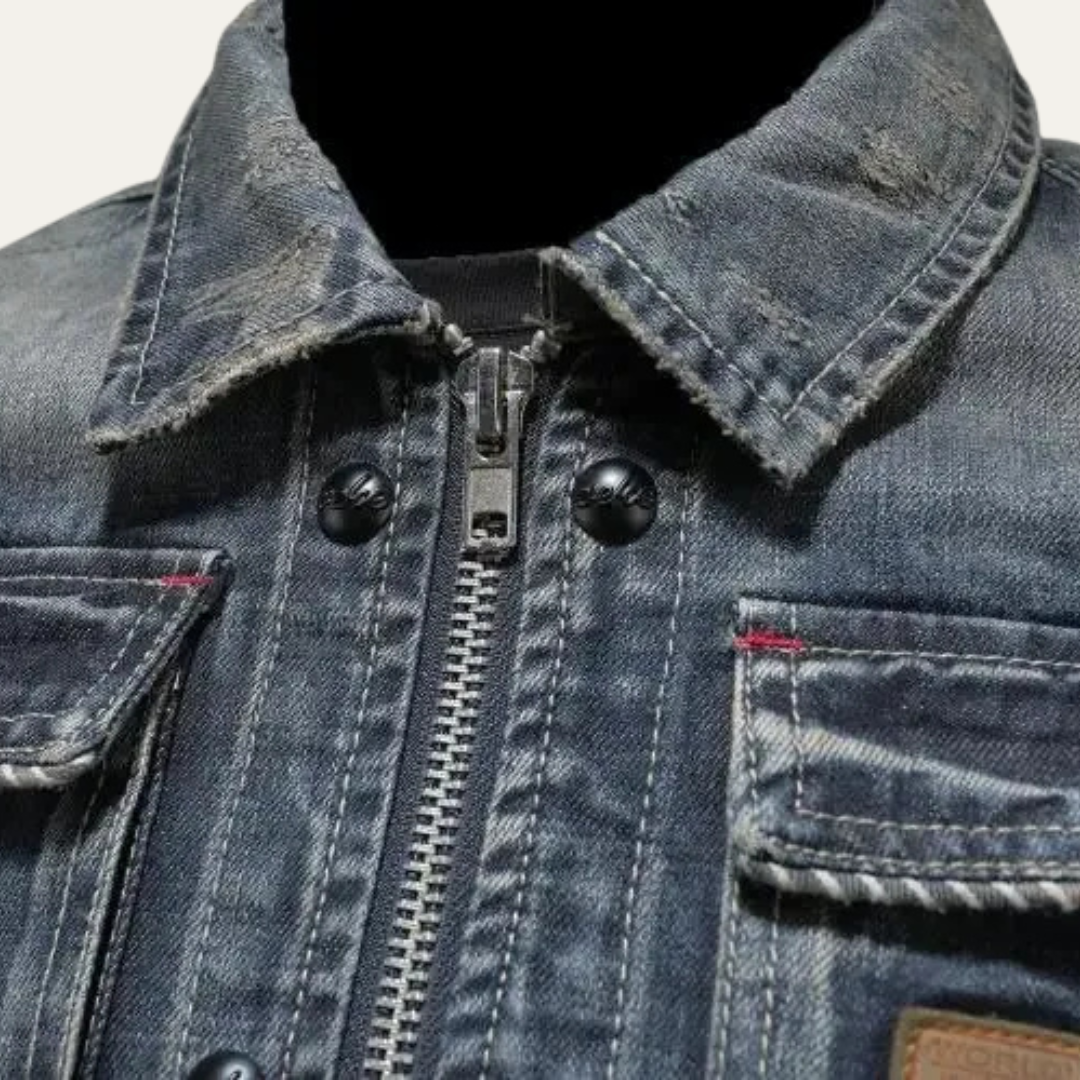 Mens Denim Jacket Full Zip Distressed Fit