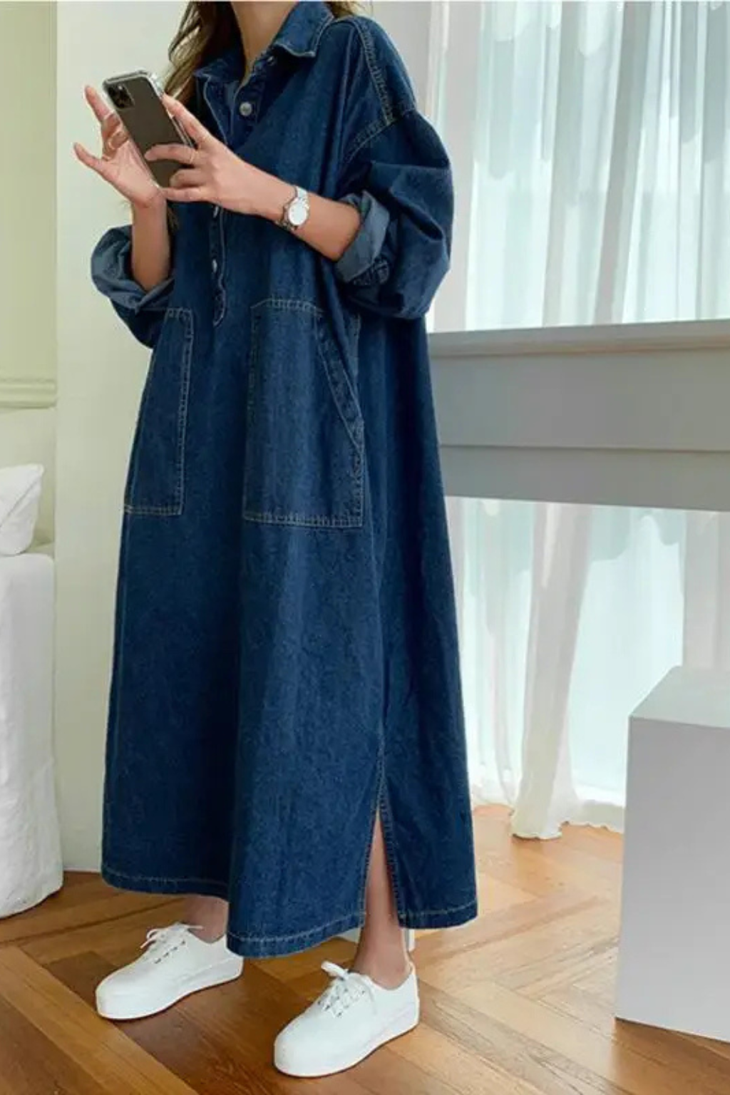 Womens Denim Maxi Dress Oversized Long Sleeve Collared with Pockets